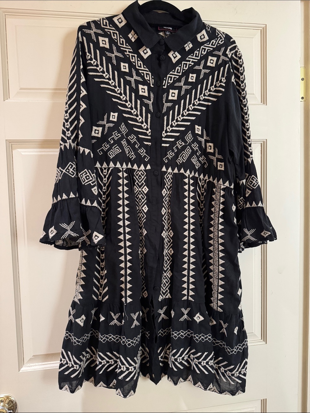 Johnny Was Black Dress with White Geometric Embroidery